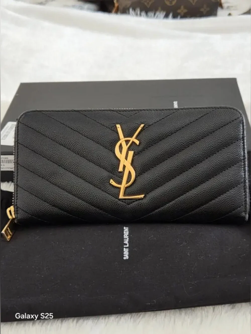 Saint Laurent Black Quilted Leather Zip Wallet with Gold YSL Logo